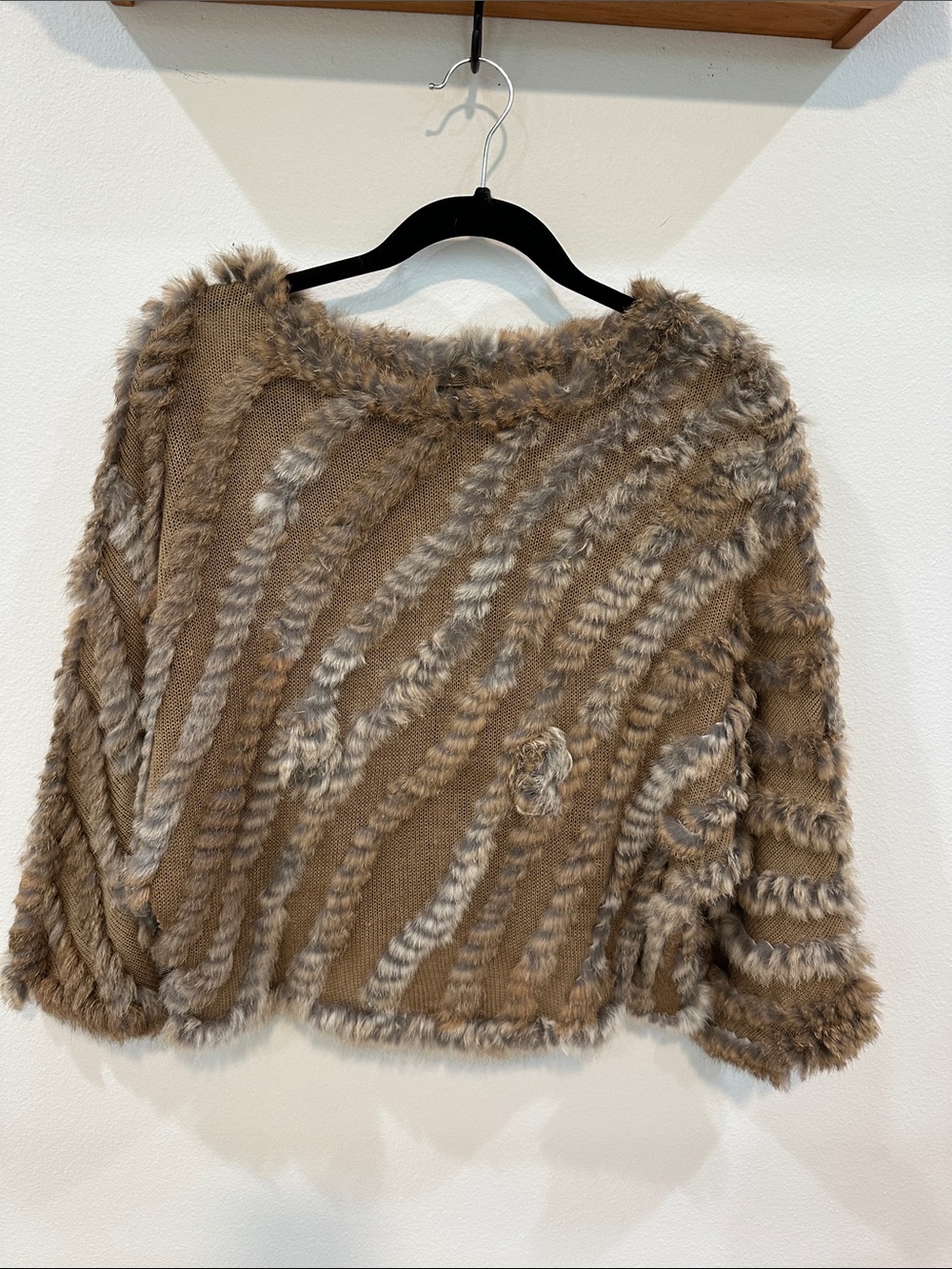 Vintage Shahchi Textured Rabbit Fur Trim Scoop Neck Sweater in Brown